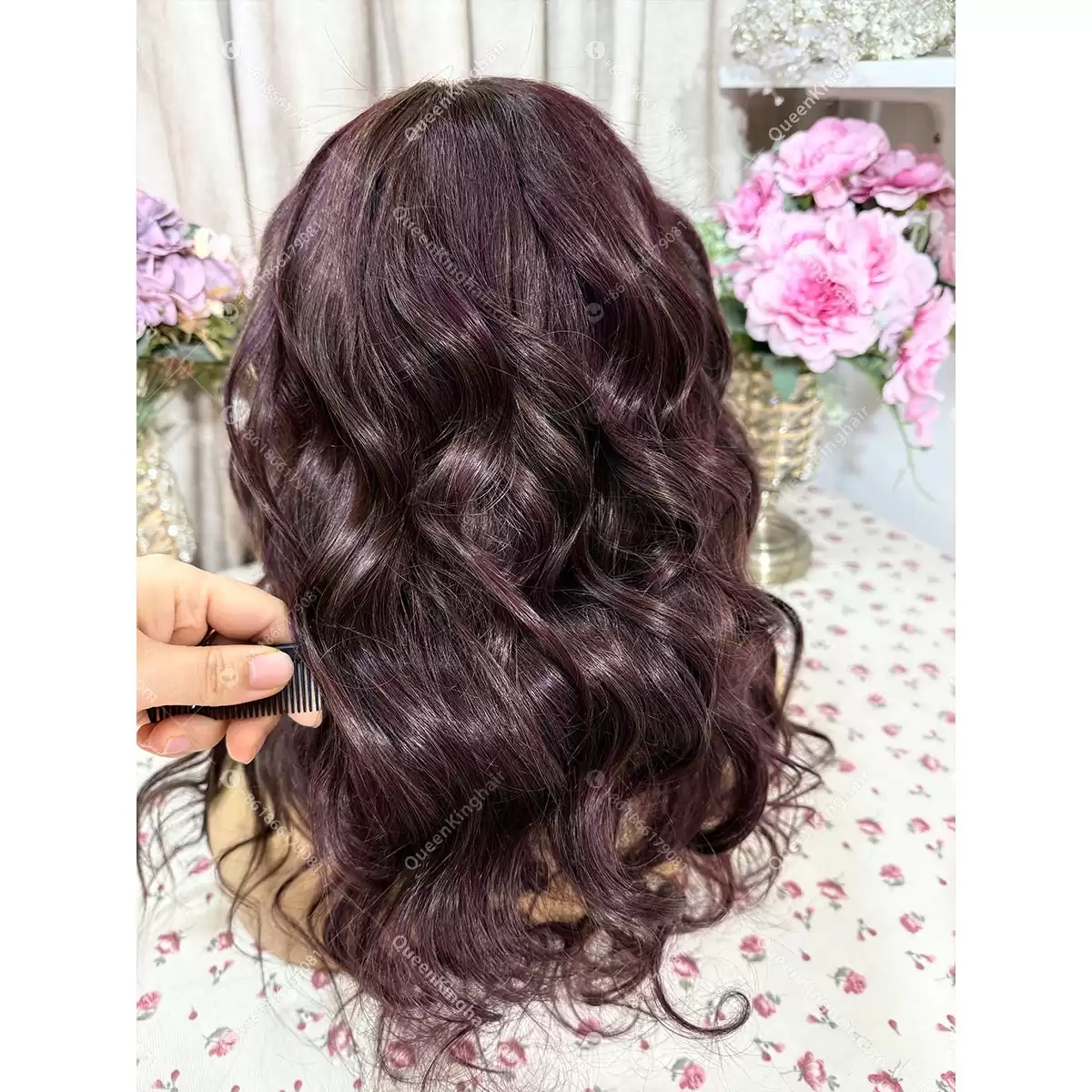 Burgundy and dark brown lowlight ombré balayage 13x6 transparent lace 150% density