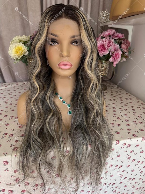 Ombré 613 blonde and natural black balayage 13x6 150% density transparent lace wavy