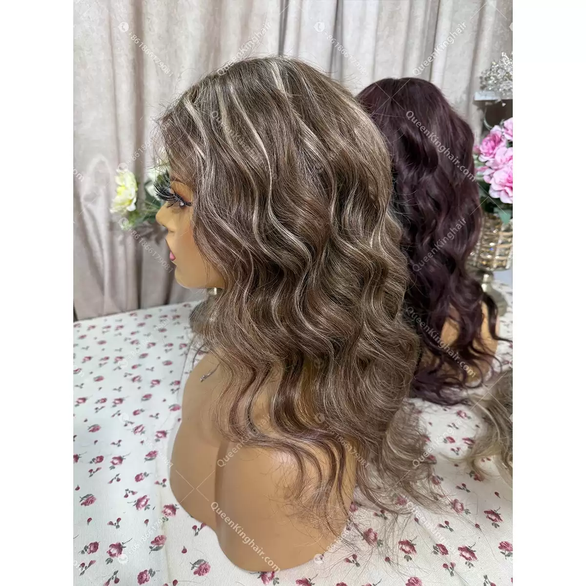 Brown and blonde highlights full handmade with 4x4 silk base comfortable cap with ear tab 16 inches 150% density