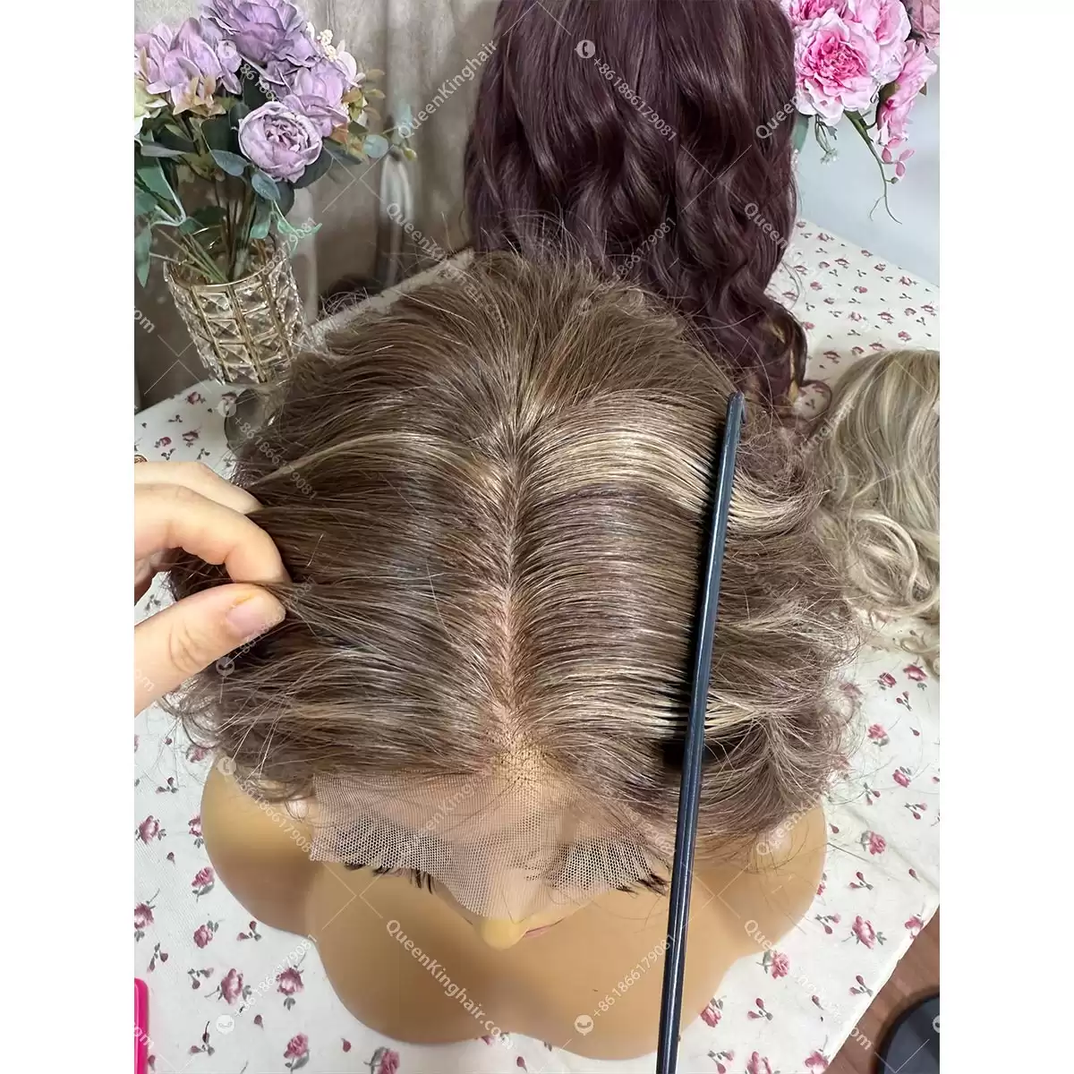 Brown and blonde highlights full handmade with 4x4 silk base comfortable cap with ear tab 16 inches 150% density