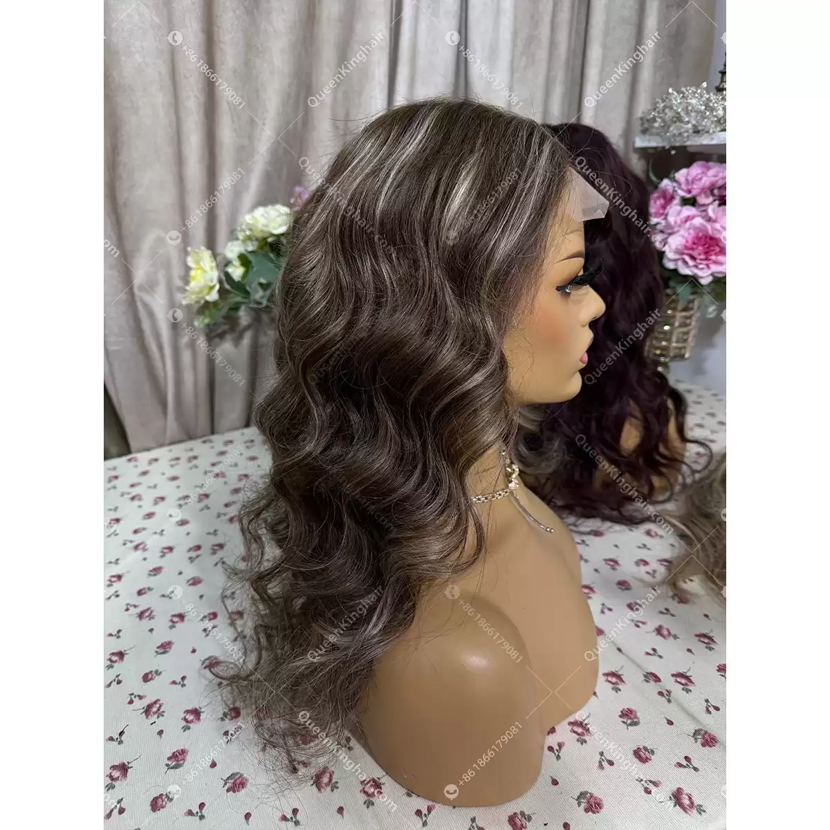 Brown and blonde highlights full handmade with 4x4 silk base comfortable cap with ear tab 16 inches 150% density