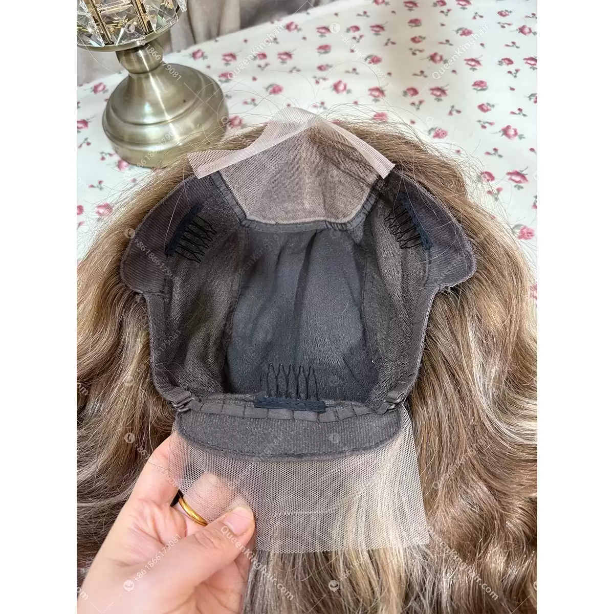 Brown and blonde highlights full handmade with 4x4 silk base comfortable cap with ear tab 16 inches 150% density