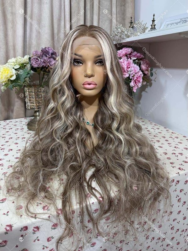 30 inches 13x6 transparent lace large cap 250% density brown and blonde balayage with blonde face framing color wavy