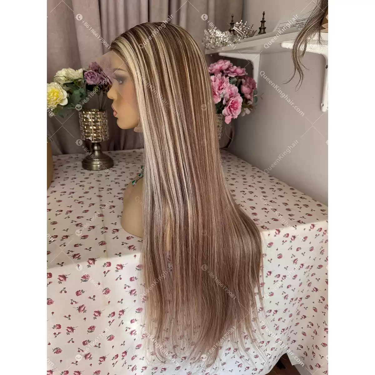 30 inches 13x6 transparent lace large cap 250% density brown and blonde balayage with blonde face framing color
