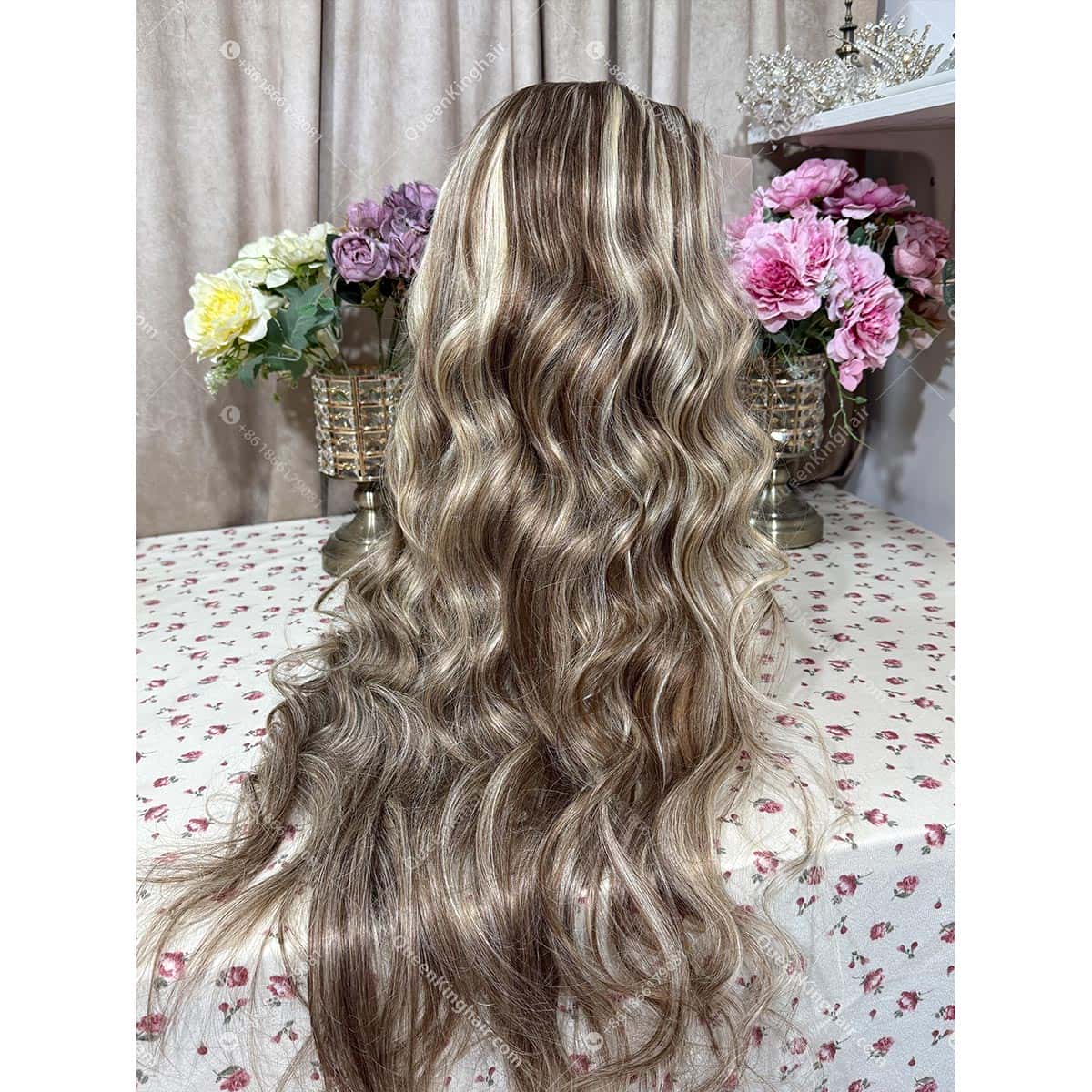 30 inches 13x6 transparent lace large cap 250% density brown and blonde balayage with blonde face framing color wavy
