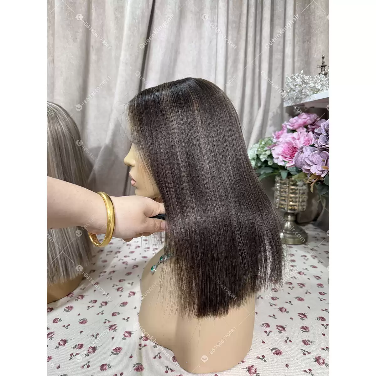 Brunette color bob dark brown with light brown lowlights 13x6 transparent lace 150% density straight