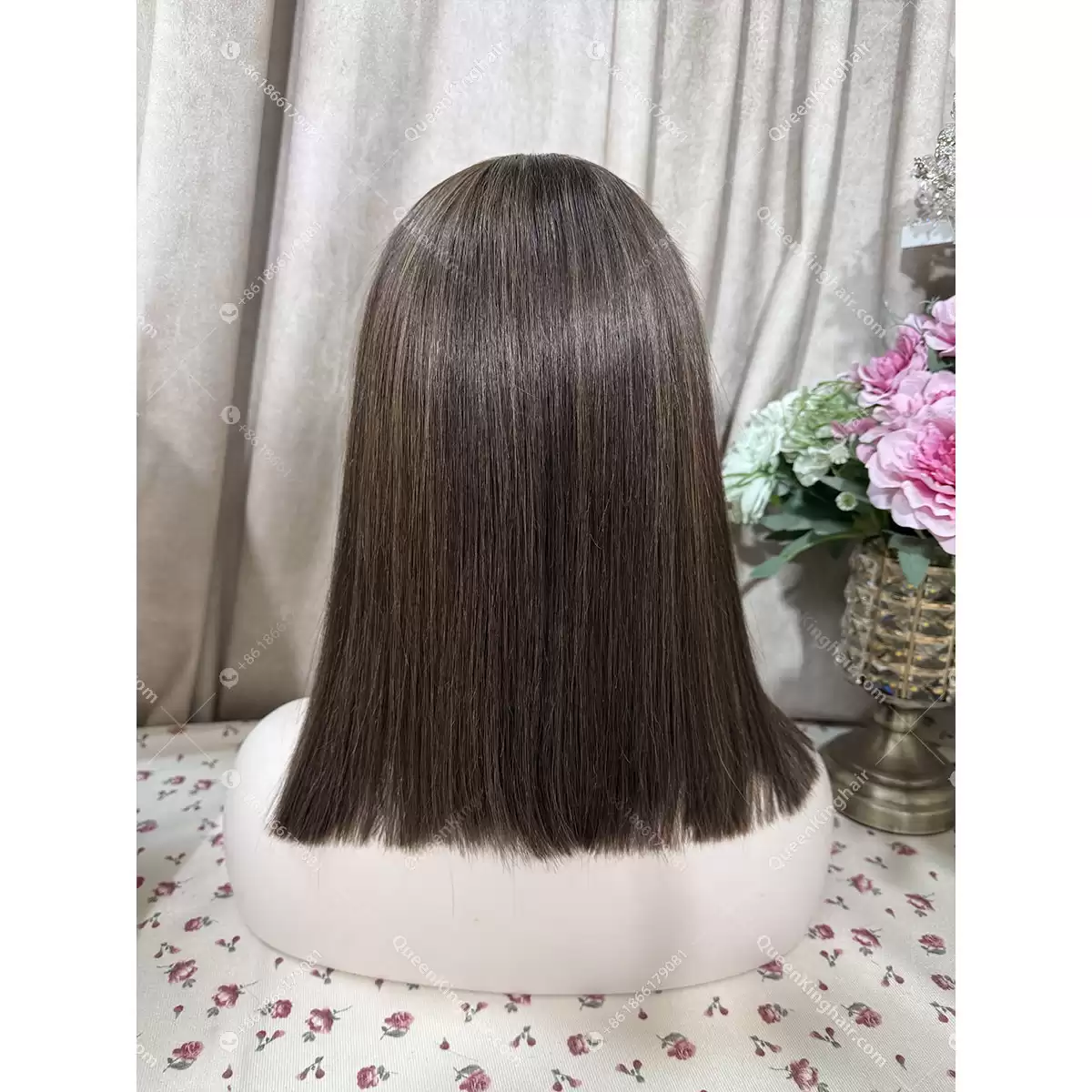 Brunette color bob dark brown with light brown lowlights 13x6 transparent lace 150% density straight