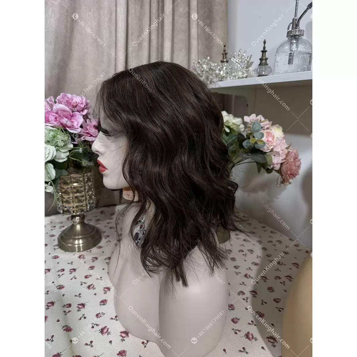 Brunette color bob dark brown with light brown lowlights 13x6 transparent lace 150% density wavy