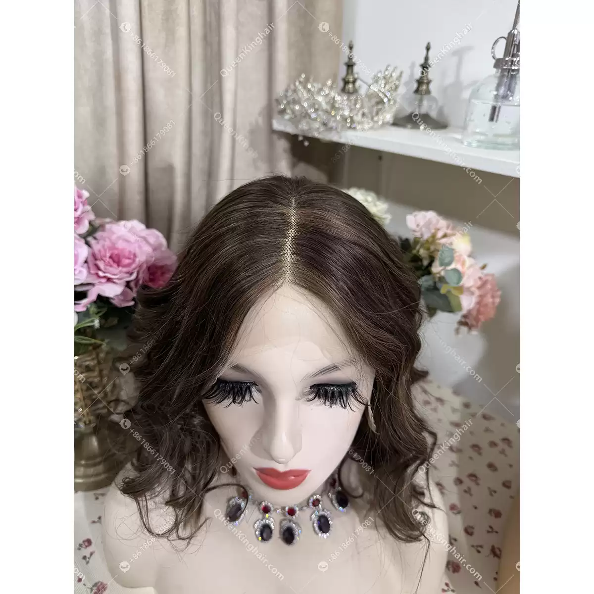 Brunette color bob dark brown with light brown lowlights 13x6 transparent lace 150% density wavy