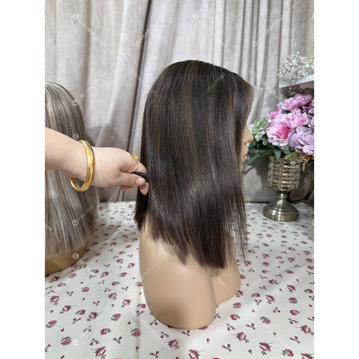 Brunette color bob dark brown with light brown lowlights 13x6 transparent lace 150% density straight