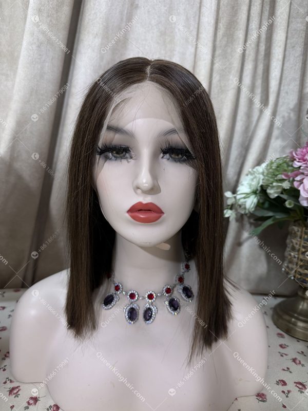 07 Brunette color bob dark brown with light brown lowlights 13x6 transparent lace 150% density straight