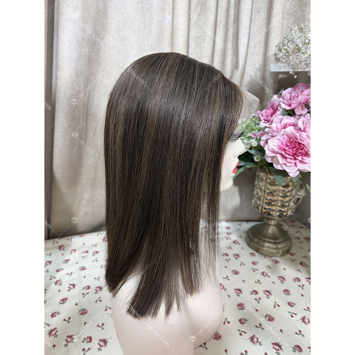 Brunette color bob dark brown with light brown lowlights 13x6 transparent lace 150% density straight