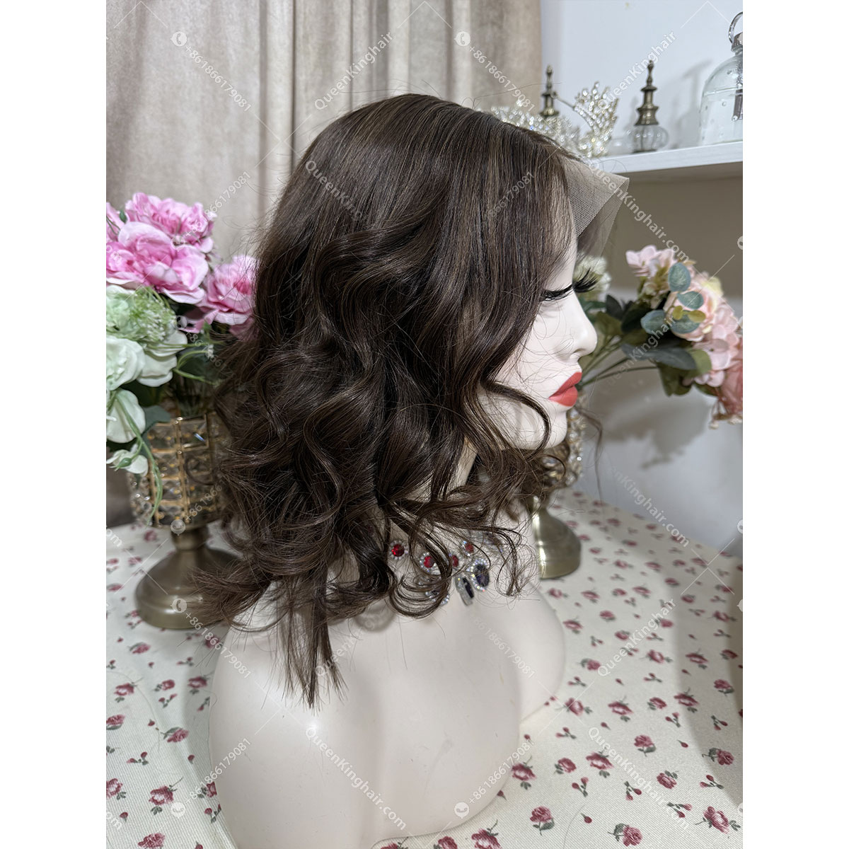 Brunette color bob dark brown with light brown lowlights 13x6 transparent lace 150% density wavy