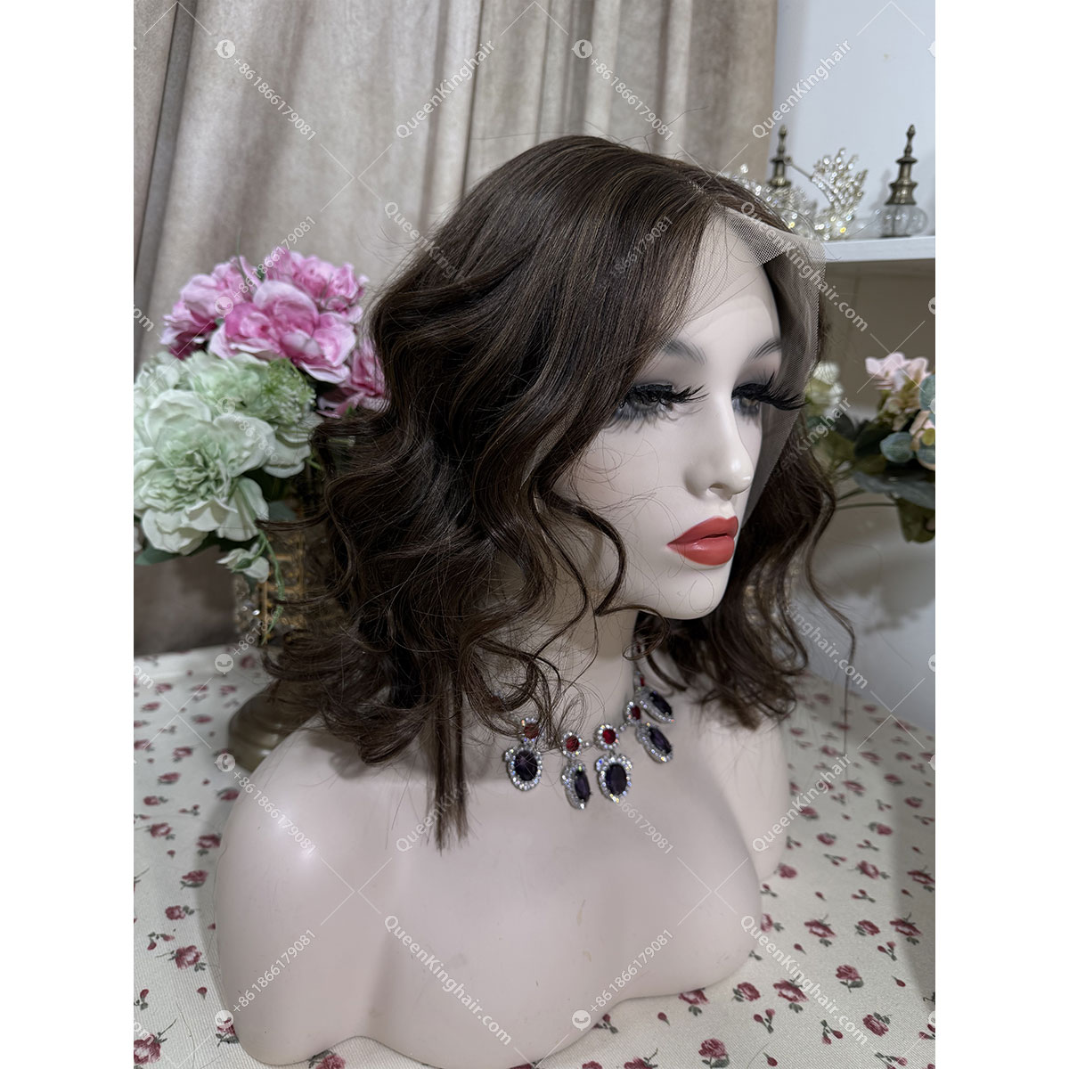 Brunette color bob dark brown with light brown lowlights 13x6 transparent lace 150% density wavy