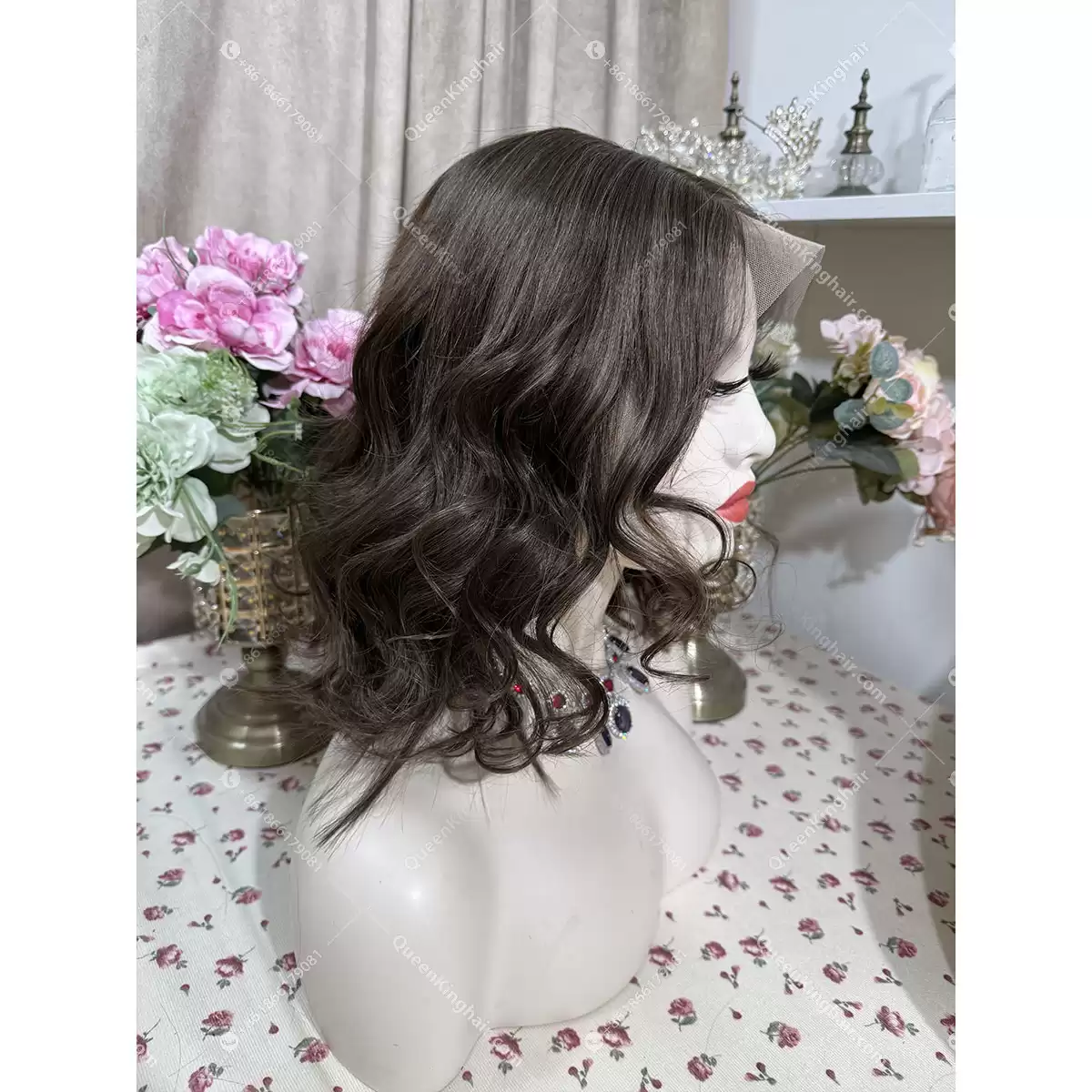 Brunette color bob dark brown with light brown lowlights 13x6 transparent lace 150% density wavy