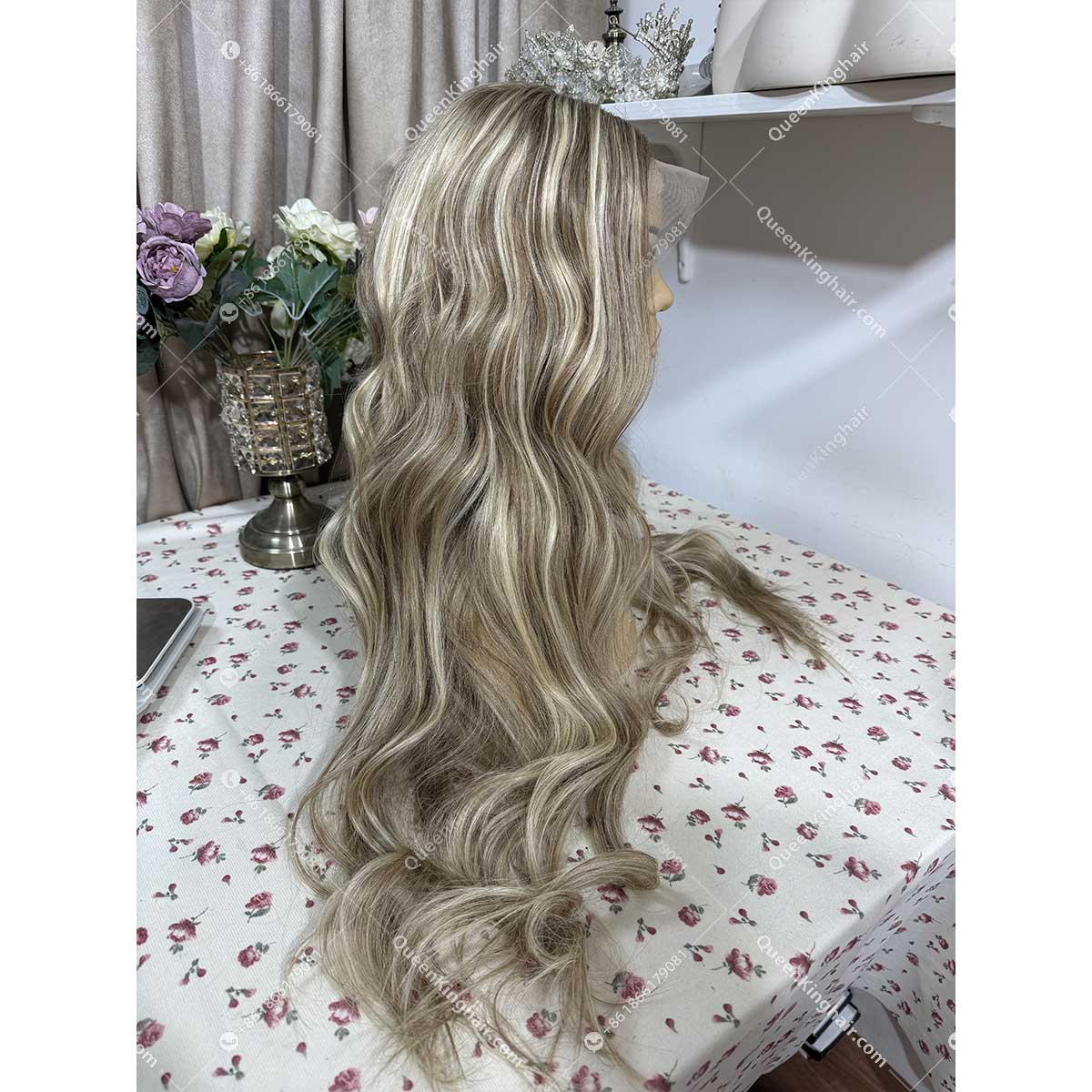 26 inches 13x6 250% density ash brown and blonde balayage transparent lace wavy