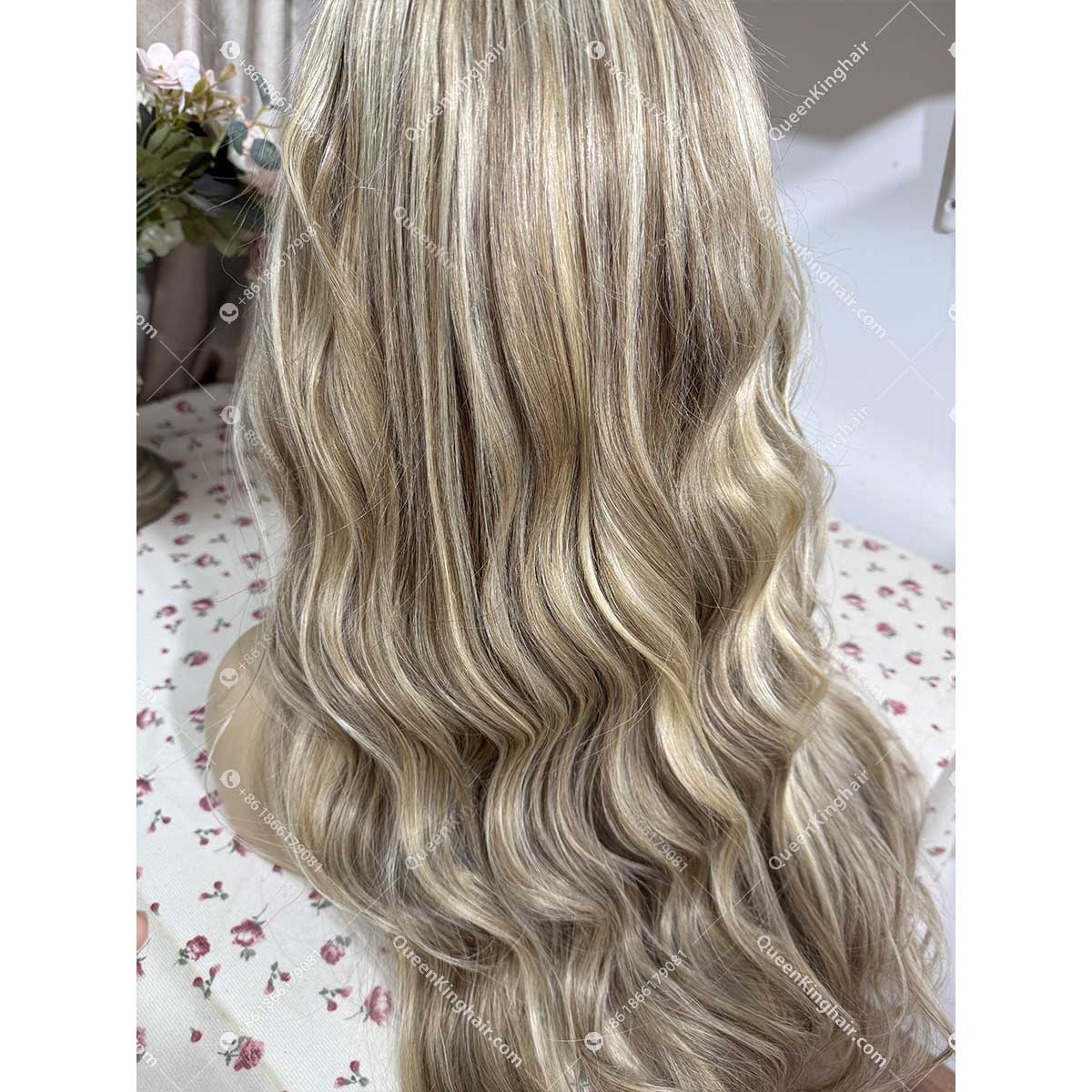 26 inches 13x6 250% density ash brown and blonde balayage transparent lace wavy