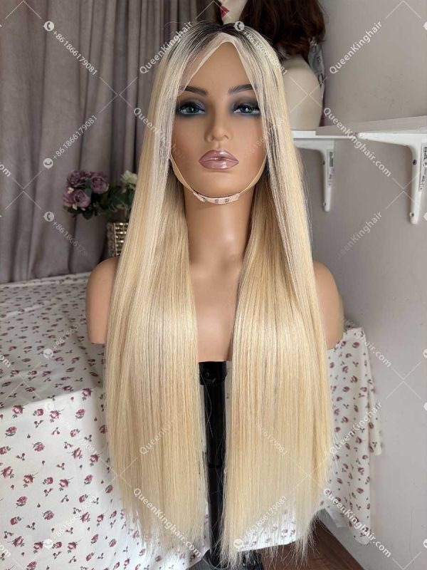Double drawn virgin hair 13x6 transparent lace ombré 1B 613 blonde wig