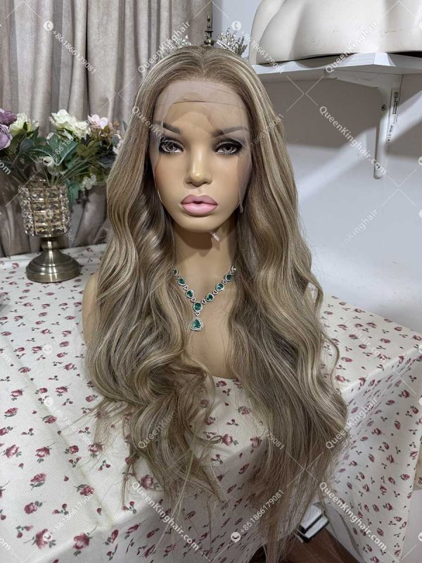 26 inches 13x6 250% density ash brown and blonde balayage transparent lace wavy