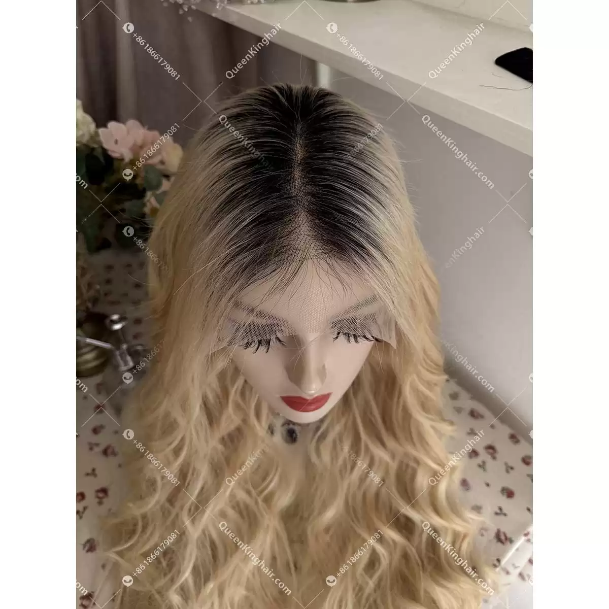 Double drawn virgin hair 13x6 transparent lace ombré 1B 613 blonde wig Wavy