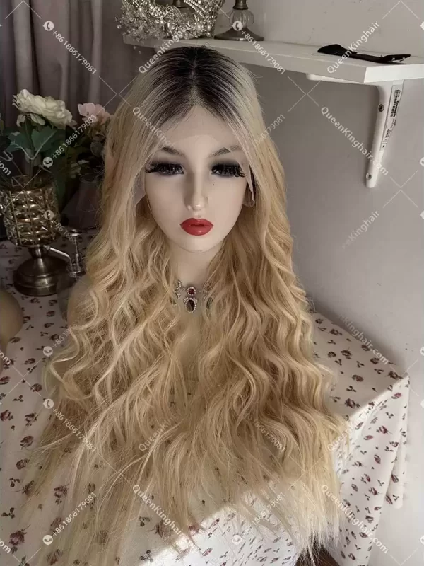 Double drawn virgin hair 13x6 transparent lace ombré 1B 613 blonde wig Wavy