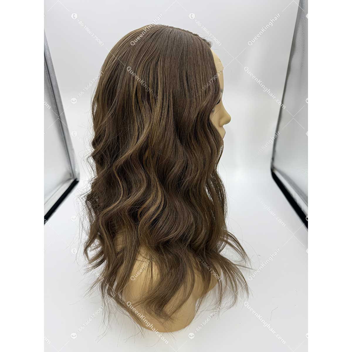 20 inches 8x8 natural ombré ashy brown with blonde lowlight European virgin hair topper with 4x4 silk base double drawn, no short hair