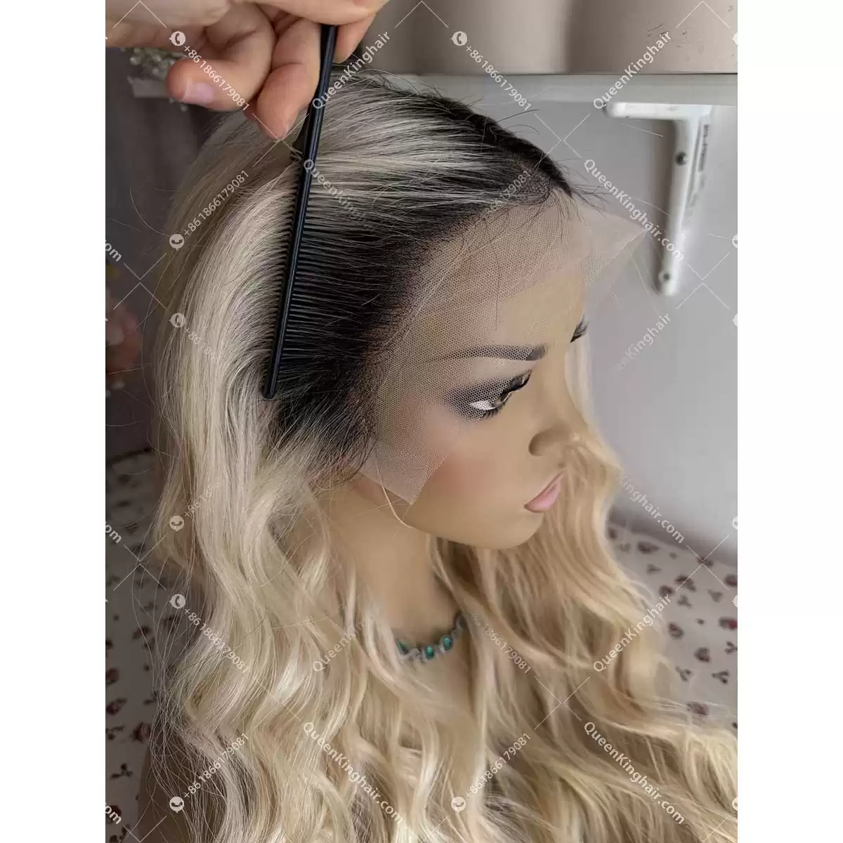 Double drawn virgin hair 13x6 transparent lace ombré 1B 613 blonde wig Wavy
