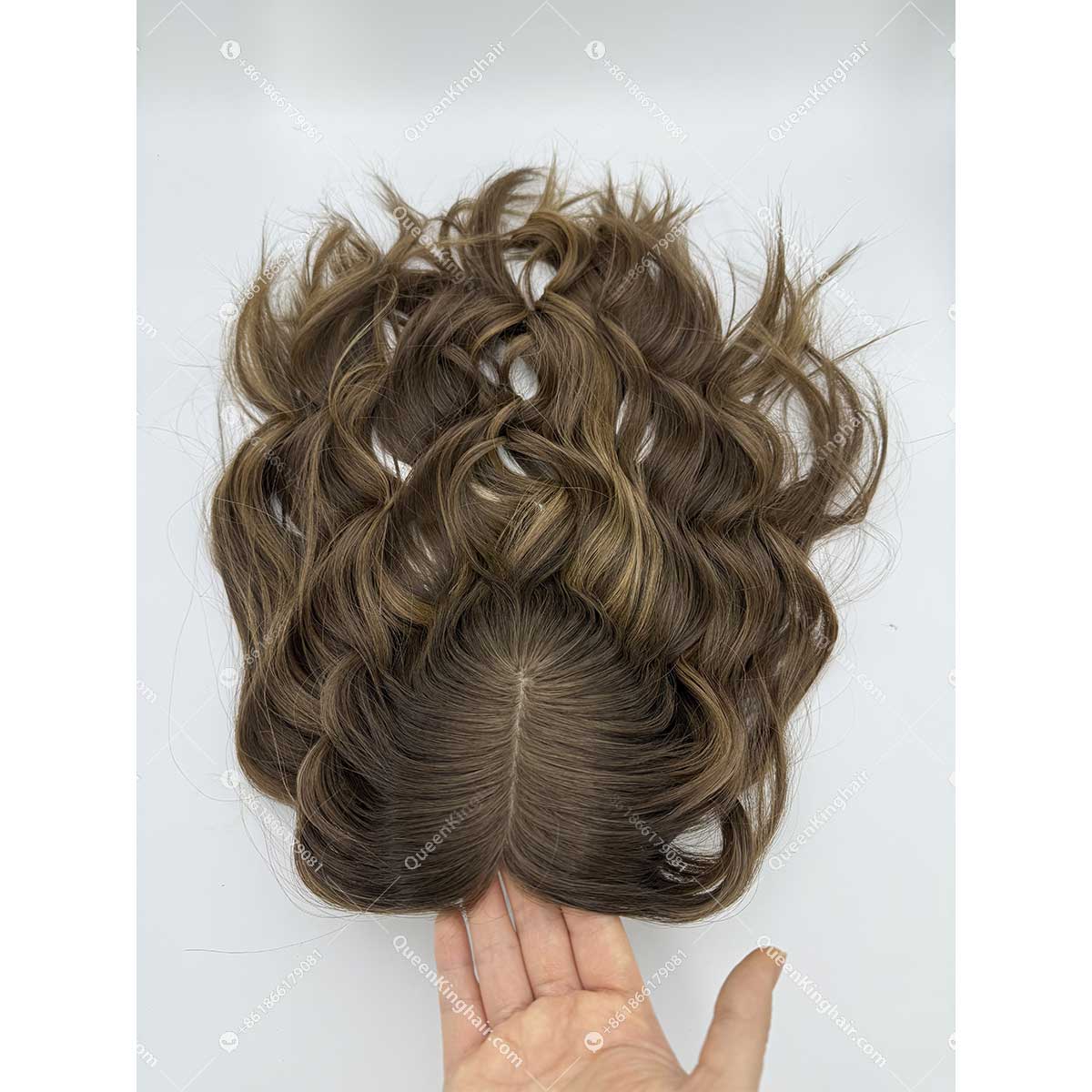 20 inches 8x8 natural ombré ashy brown with blonde lowlight European virgin hair topper with 4x4 silk base double drawn, no short hair