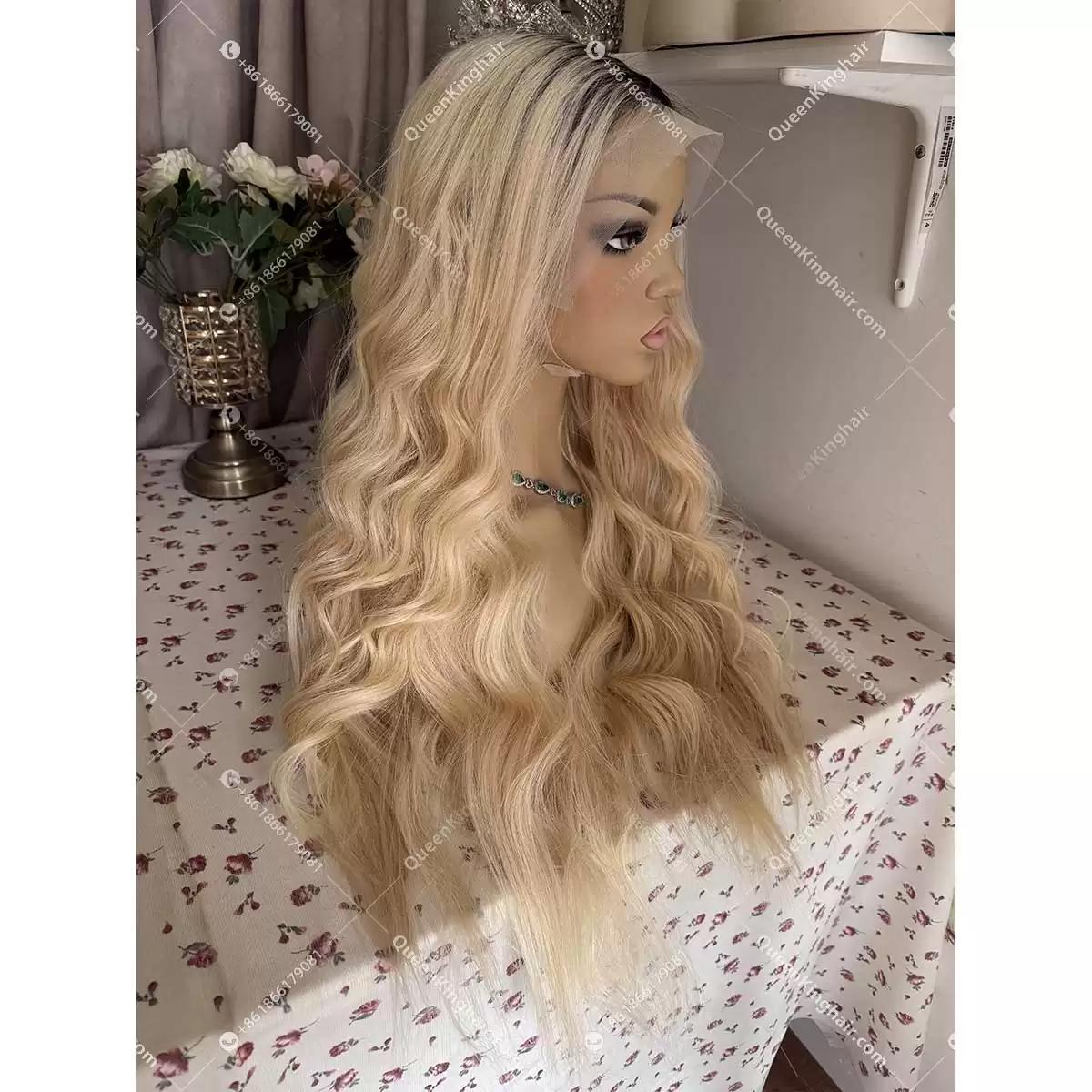Double drawn virgin hair 13x6 transparent lace ombré 1B 613 blonde wig Wavy