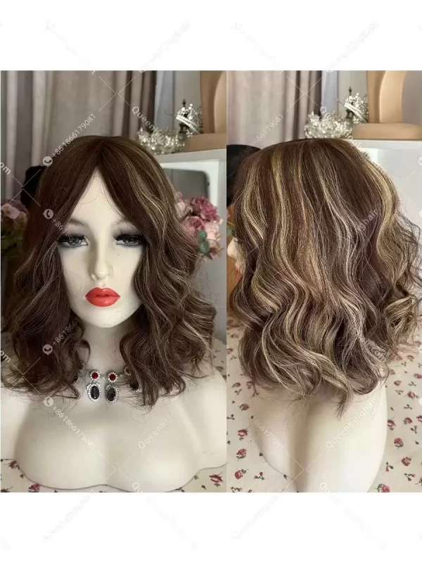 20 inches 8x8 natural ombré ashy brown with blonde lowlight European virgin hair topper with 4x4 silk base double drawn, no short hair