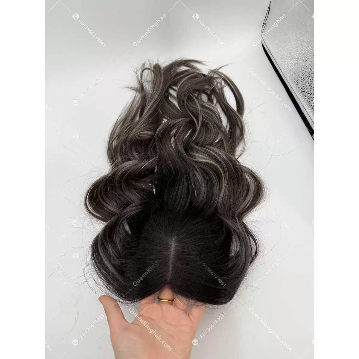 Ombré Smokey grey roots with brown and blonde lowlights European double drawn virgin hair 7x7 topper