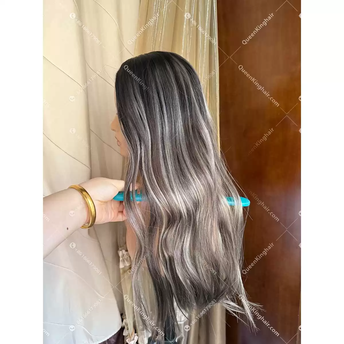 Ombré Smokey grey roots with brown and blonde lowlights European double drawn virgin hair 7x7 topper