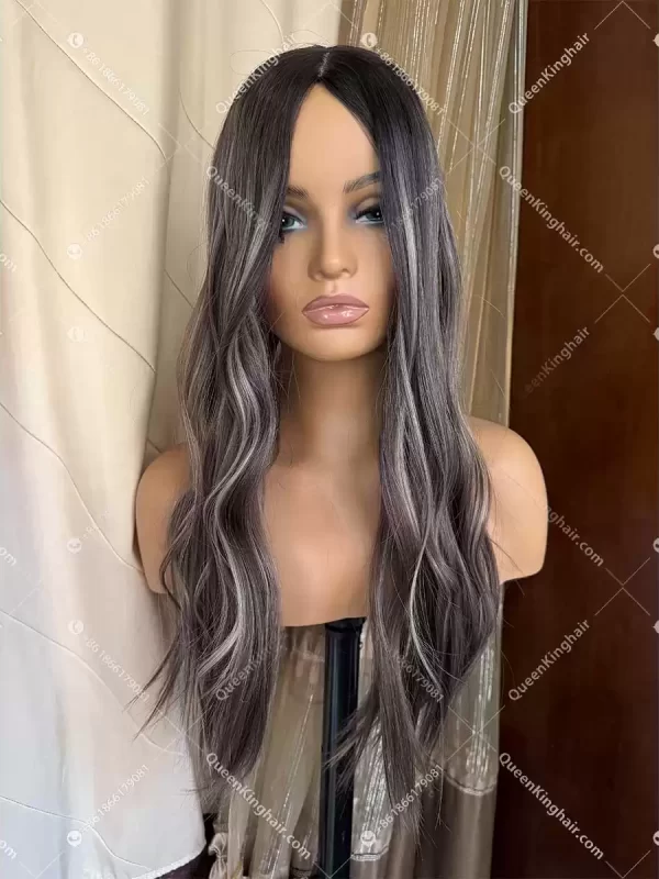 08 Ombré Smokey grey roots with brown and blonde lowlights European double drawn virgin hair 7x7 topper