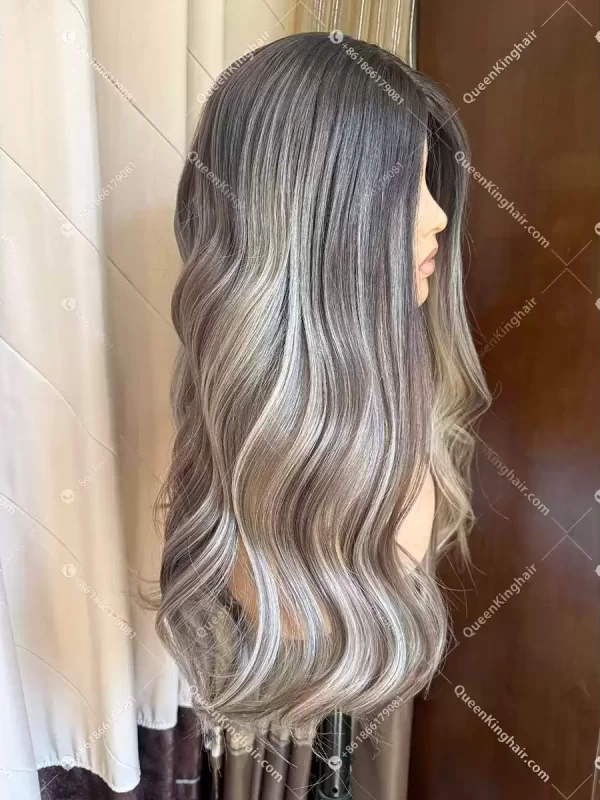 01 Dark brown roots with ashy blonde and ashy brown balayage lowlights 22 inches 7x7 with 4x4 silk base topper double drawn virgin hair