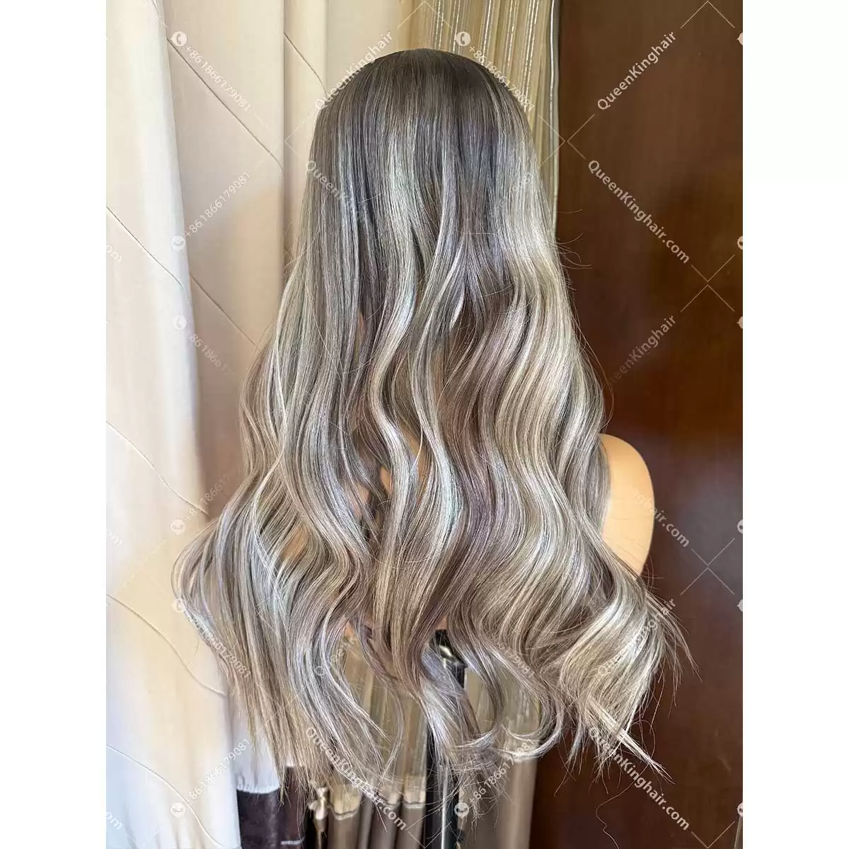 Dark brown roots with ashy blonde and ashy brown balayage lowlights 22 inches 7x7 with 4x4 silk base topper double drawn virgin hair