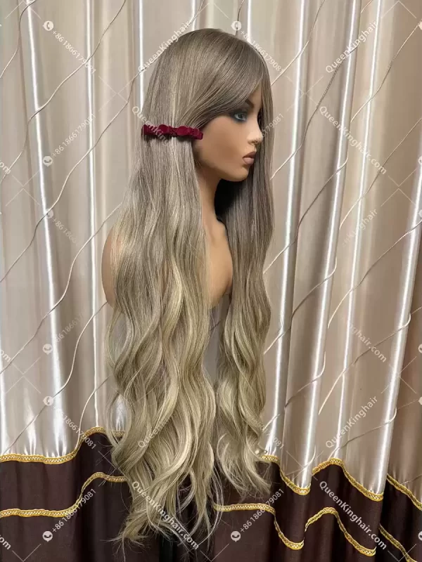 Ombré balayage blonde and ashy brown color double drawn virgin hair wig Jewish wig silk base on top
