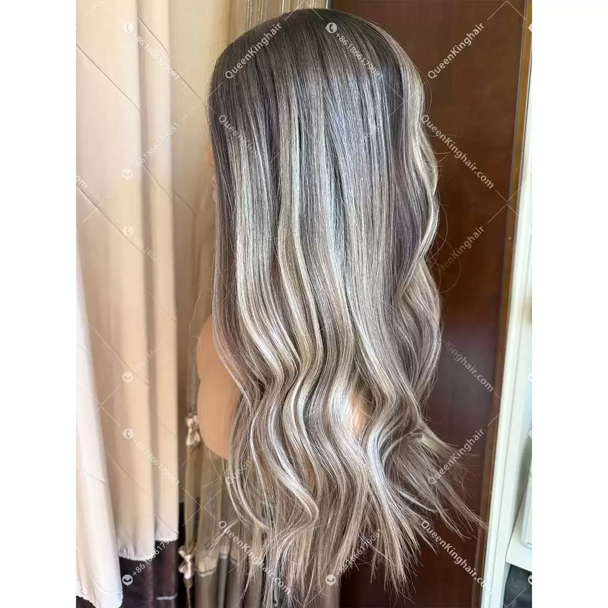 Dark brown roots with ashy blonde and ashy brown balayage lowlights 22 inches 7x7 with 4x4 silk base topper double drawn virgin hair