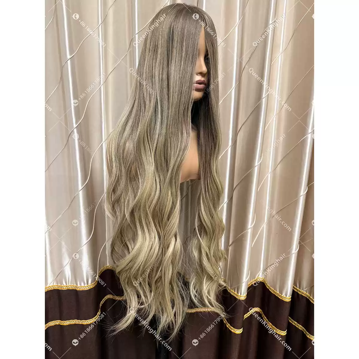 Ombré balayage blonde and ashy brown color double drawn virgin hair wig Jewish wig silk base on top