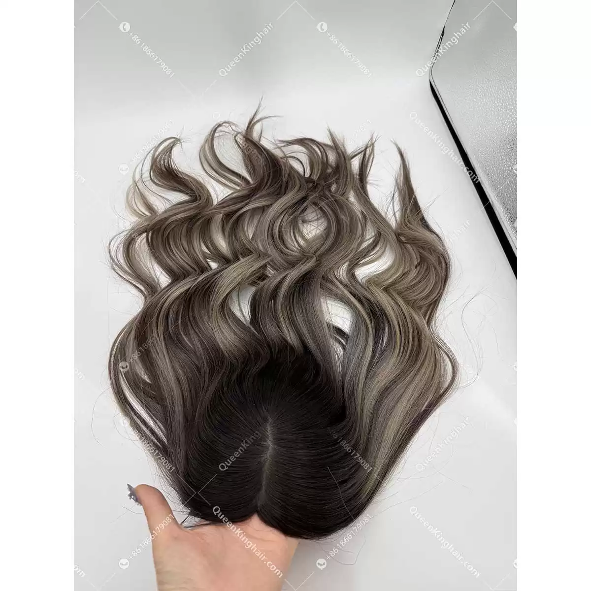 Dark brown roots with ashy blonde and ashy brown balayage lowlights 22 inches 7x7 with 4x4 silk base topper double drawn virgin hair