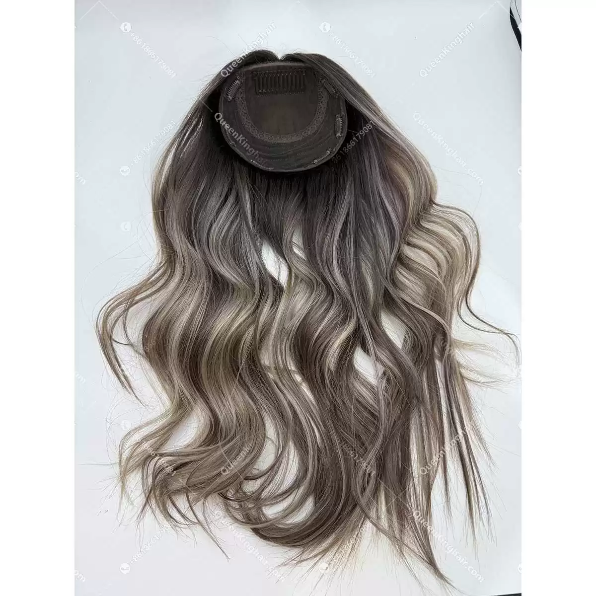 Dark brown roots with ashy blonde and ashy brown balayage lowlights 22 inches 7x7 with 4x4 silk base topper double drawn virgin hair