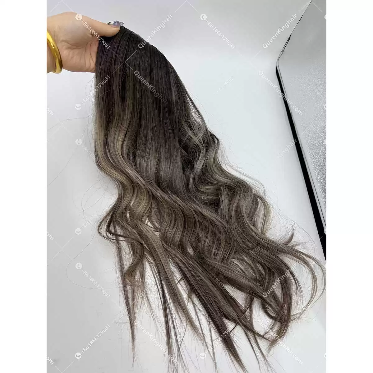 Dark brown roots with ashy blonde and ashy brown balayage lowlights 22 inches 7x7 with 4x4 silk base topper double drawn virgin hair