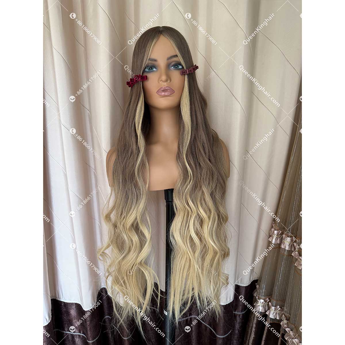 Ombré blonde ashy brown roots double drawn virgin hair wig Jewish wig silk base on top