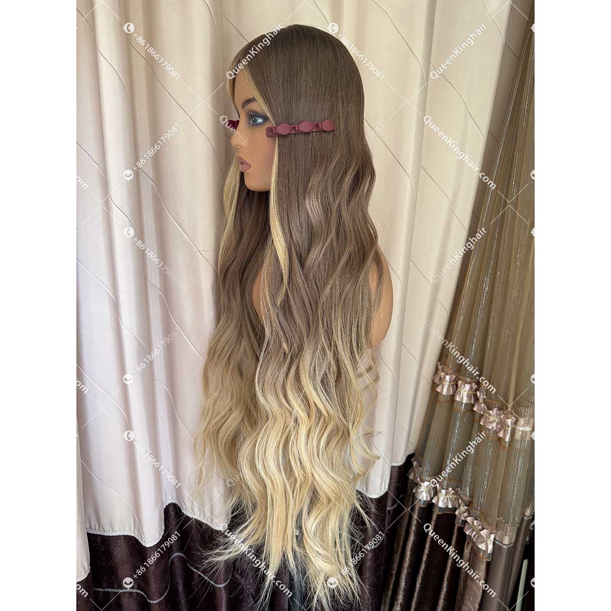Ombré blonde ashy brown roots double drawn virgin hair wig Jewish wig silk base on top