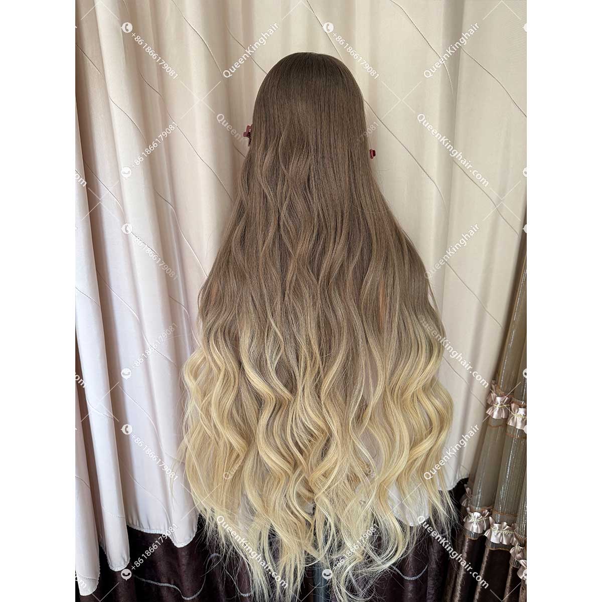 Ombré blonde ashy brown roots double drawn virgin hair wig Jewish wig silk base on top