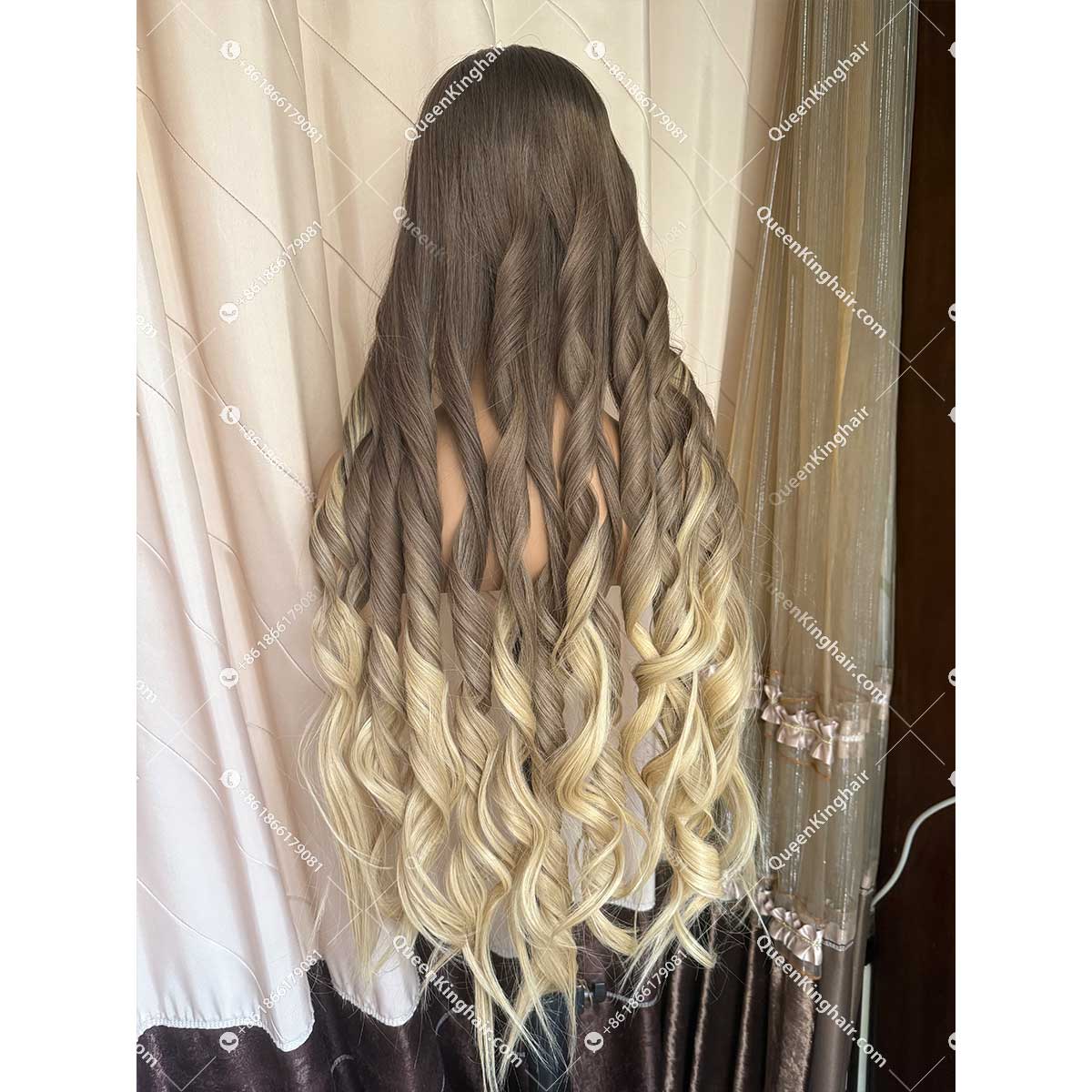Ombré blonde ashy brown roots double drawn virgin hair wig Jewish wig silk base on top