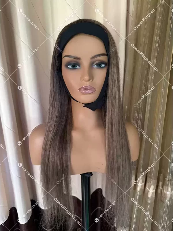 01 Luna headband wig remy hair brunette color ashy brown and ashy blonde balayage