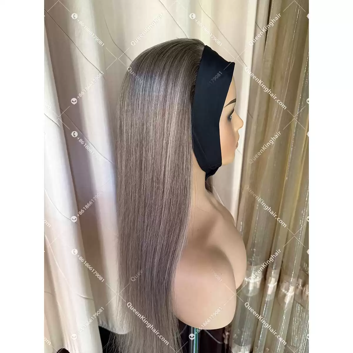 Luna headband wig remy hair brunette color ashy brown and ashy blonde balayage
