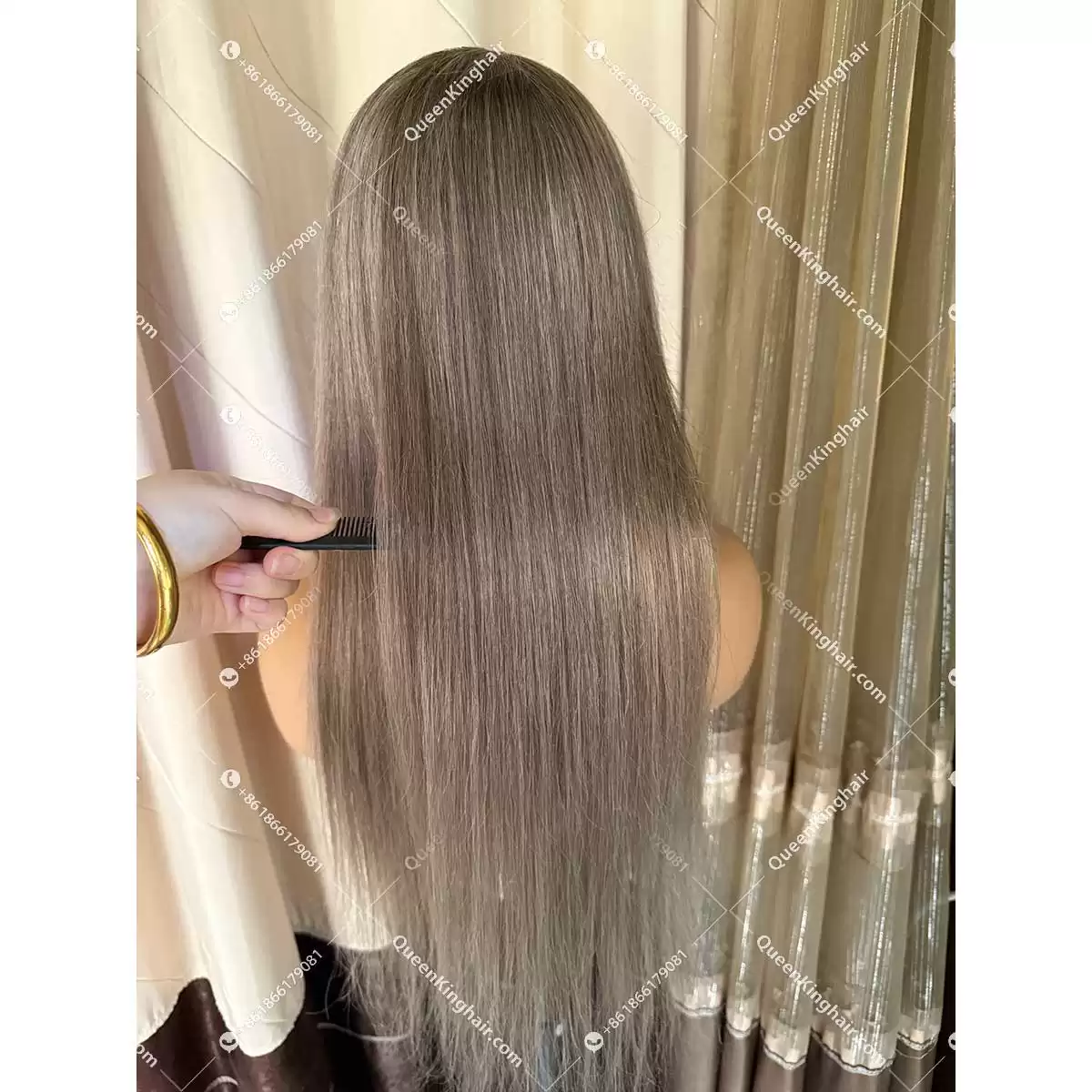 Luna headband wig remy hair brunette color ashy brown and ashy blonde balayage