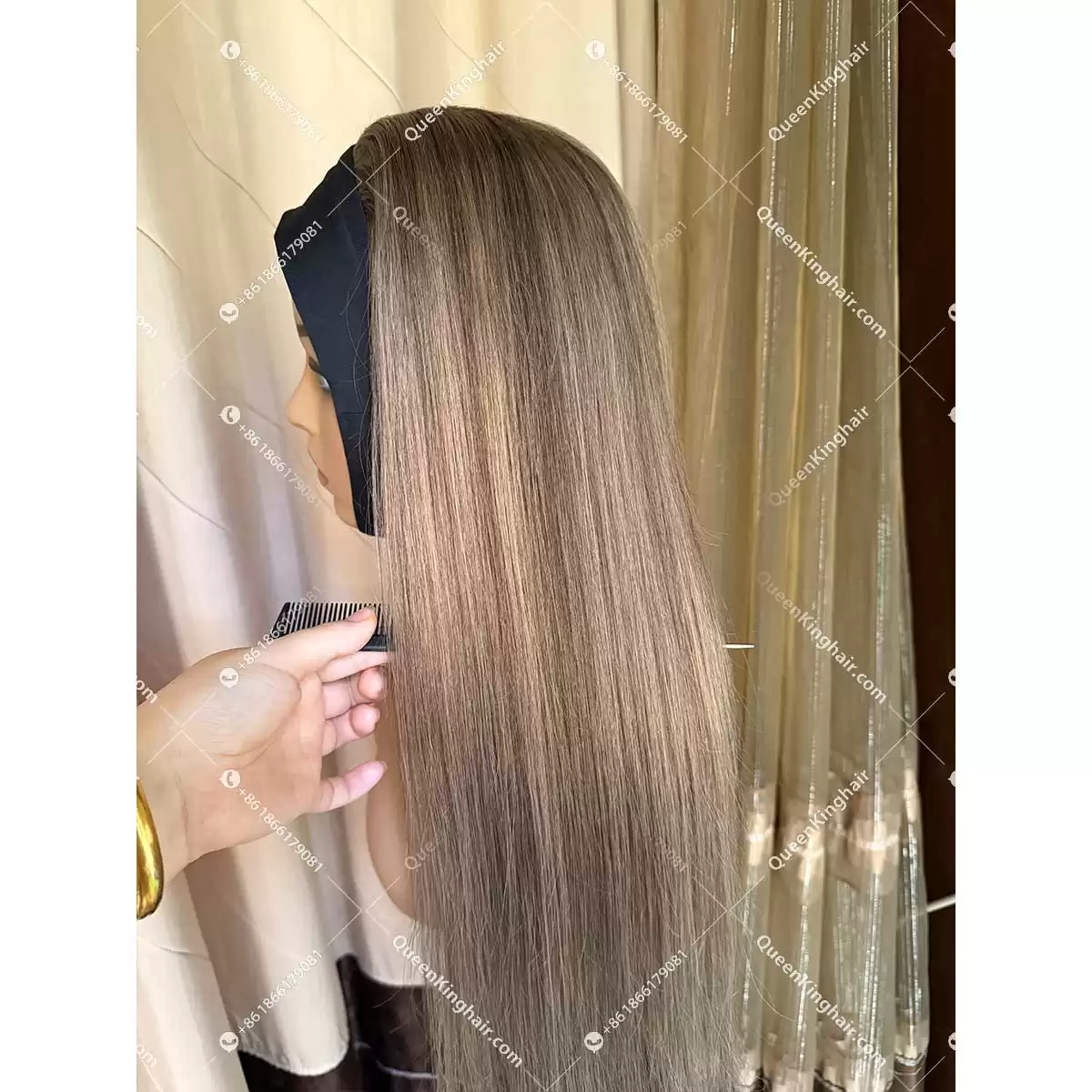 Luna headband wig remy hair brunette color ashy brown and ashy blonde balayage