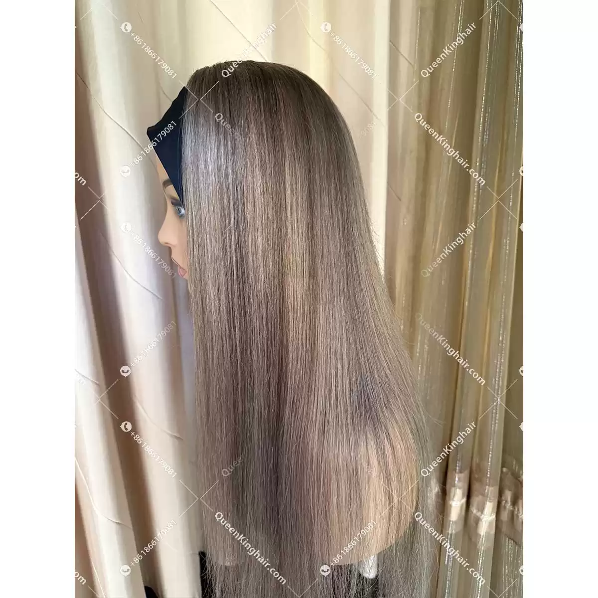 Luna headband wig remy hair brunette color ashy brown and ashy blonde balayage